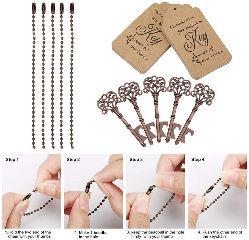 WODEGIFT 60 PCS Key Bottle Openers,Vintage Skeleton Key Bottle Opener with Escort Card Tag and Key Chains,Wedding Party Favor Souvenir Gift(Red Copper) - Image 4